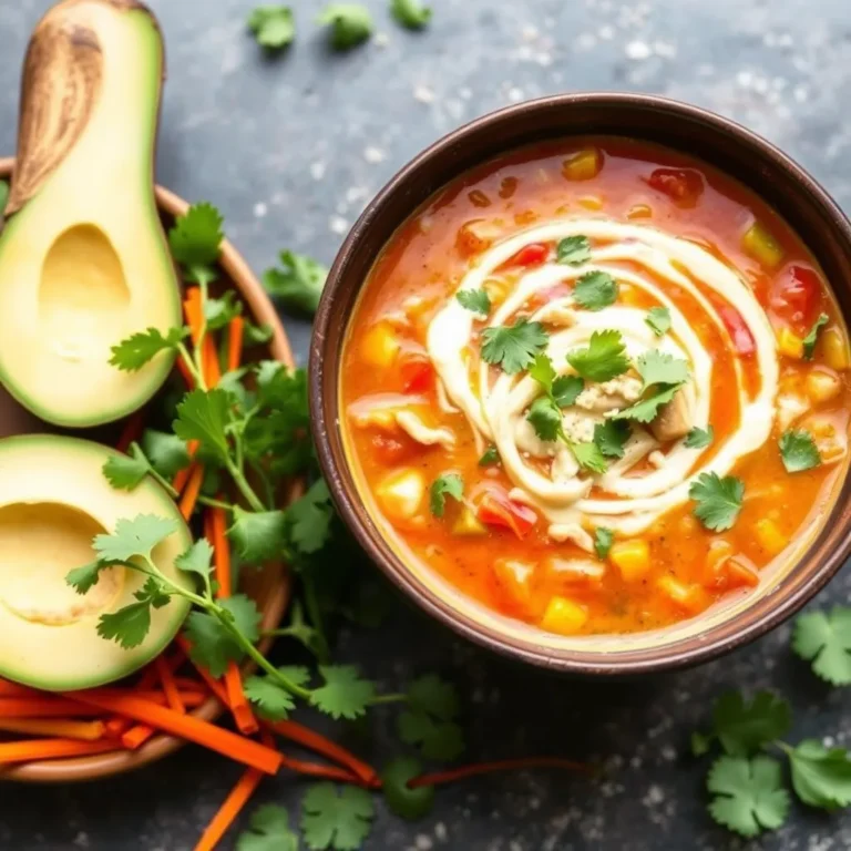 A bowl of healthy chicken tortilla soup with fresh cilantro and crispy tortilla strips.