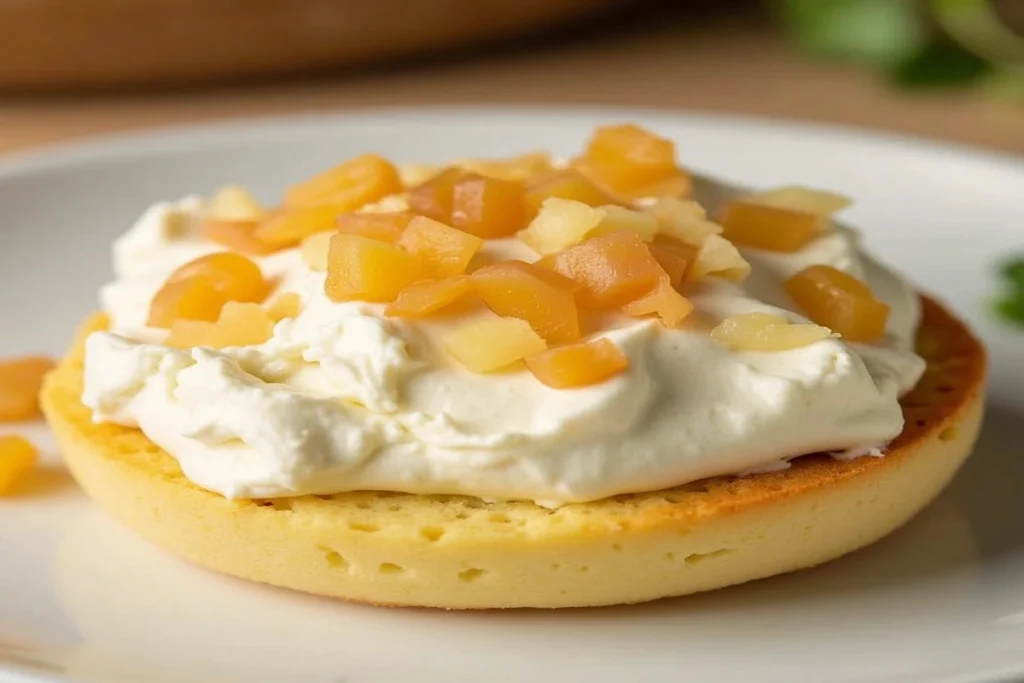 A bowl of cream cheese filling with a spatula