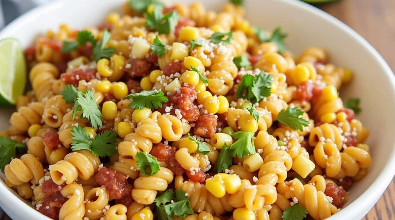 Vibrant Mexican street corn pasta salad with fresh ingredients.