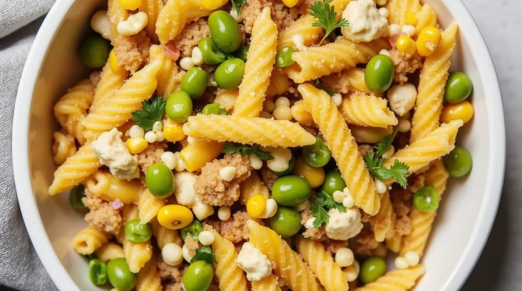 Vibrant Mexican street corn pasta salad with fresh ingredients.