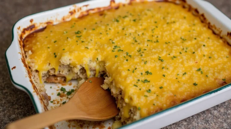 A close-up photo of a hearty casserole, ready to eat.