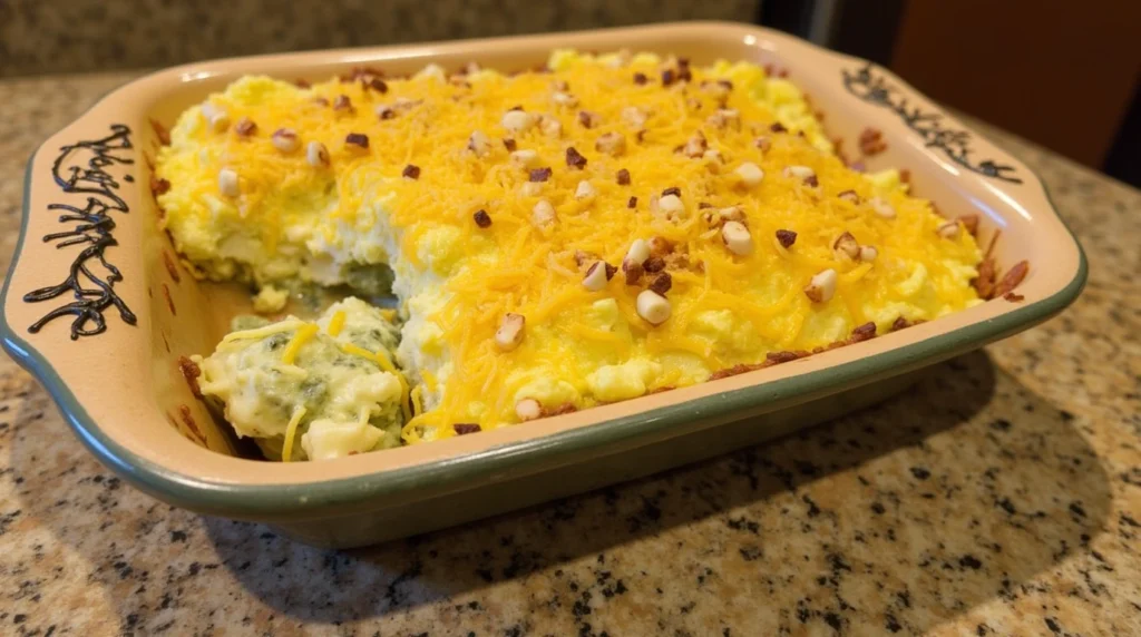 A close-up photo of a hearty casserole, ready to eat.