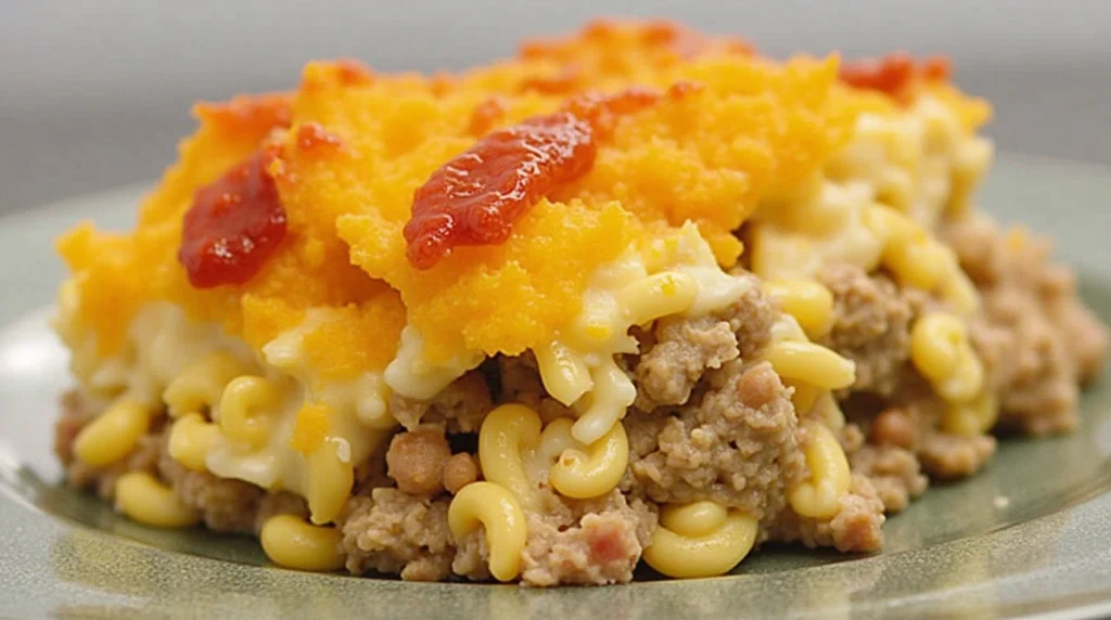 A close up photo of a freshly made mac and cheese meatloaf casserole.