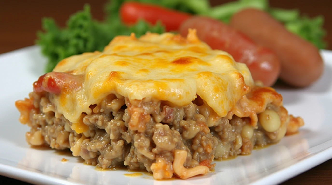 A close up photo of a freshly made mac and cheese meatloaf casserole.