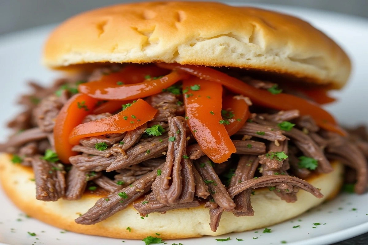 Pulled beef with barbecue sauce on a bun