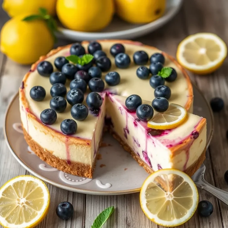 Delicious slice of lemon blueberry cheesecake with fresh blueberries and lemon zest