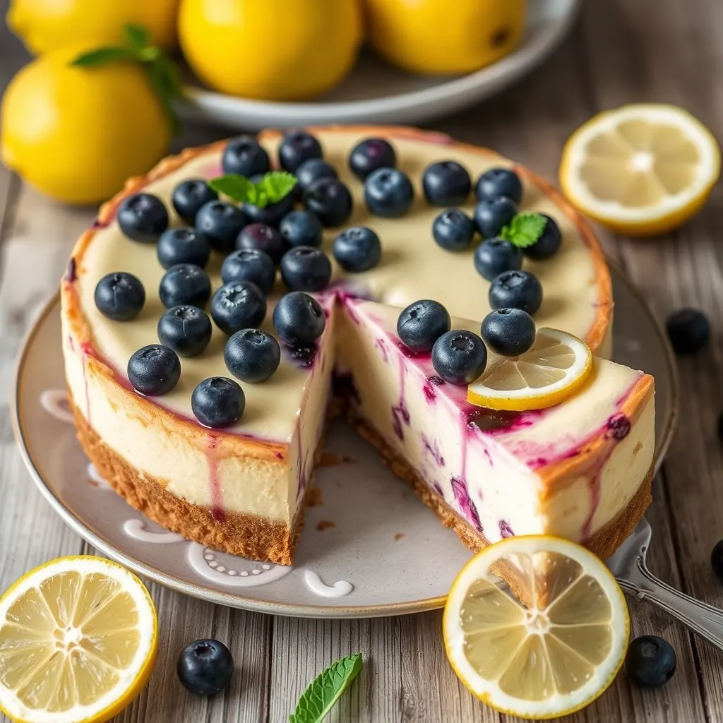 Delicious slice of lemon blueberry cheesecake with fresh blueberries and lemon zest