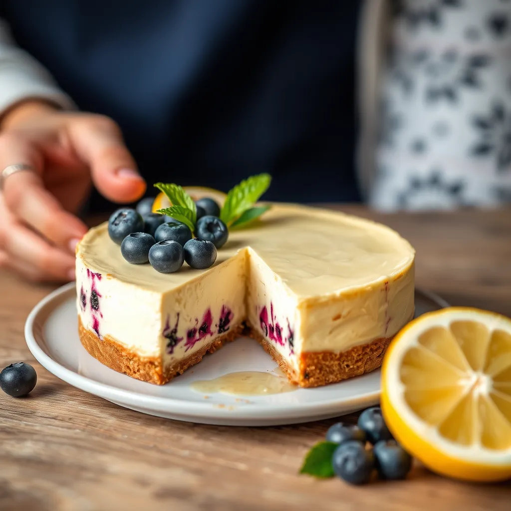 Delicious slice of lemon blueberry cheesecake with fresh blueberries and lemon zest