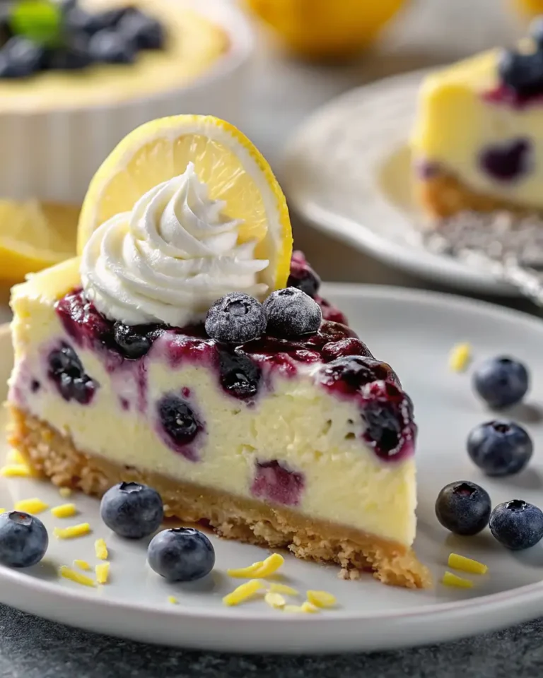 Lemon Blueberry Cheesecake: A Refreshing Dessert Delight 4 Delicious slice of lemon blueberry cheesecake with fresh blueberries and lemon zest