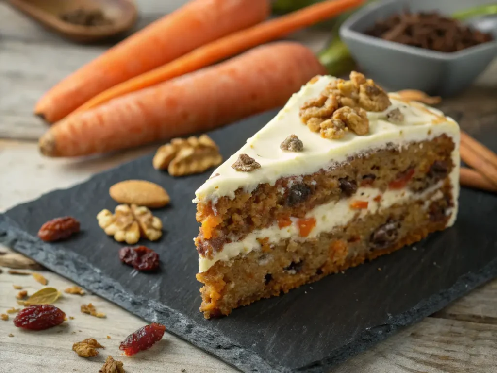 A beautifully decorated carrot cake with a variety of decorations.