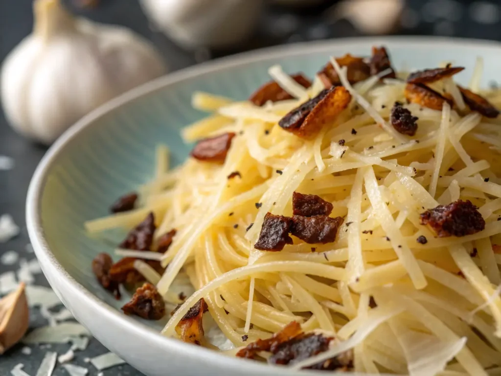 "Golden crispy parmesan garlic hash browns in cast iron skillet with parsley garnish."