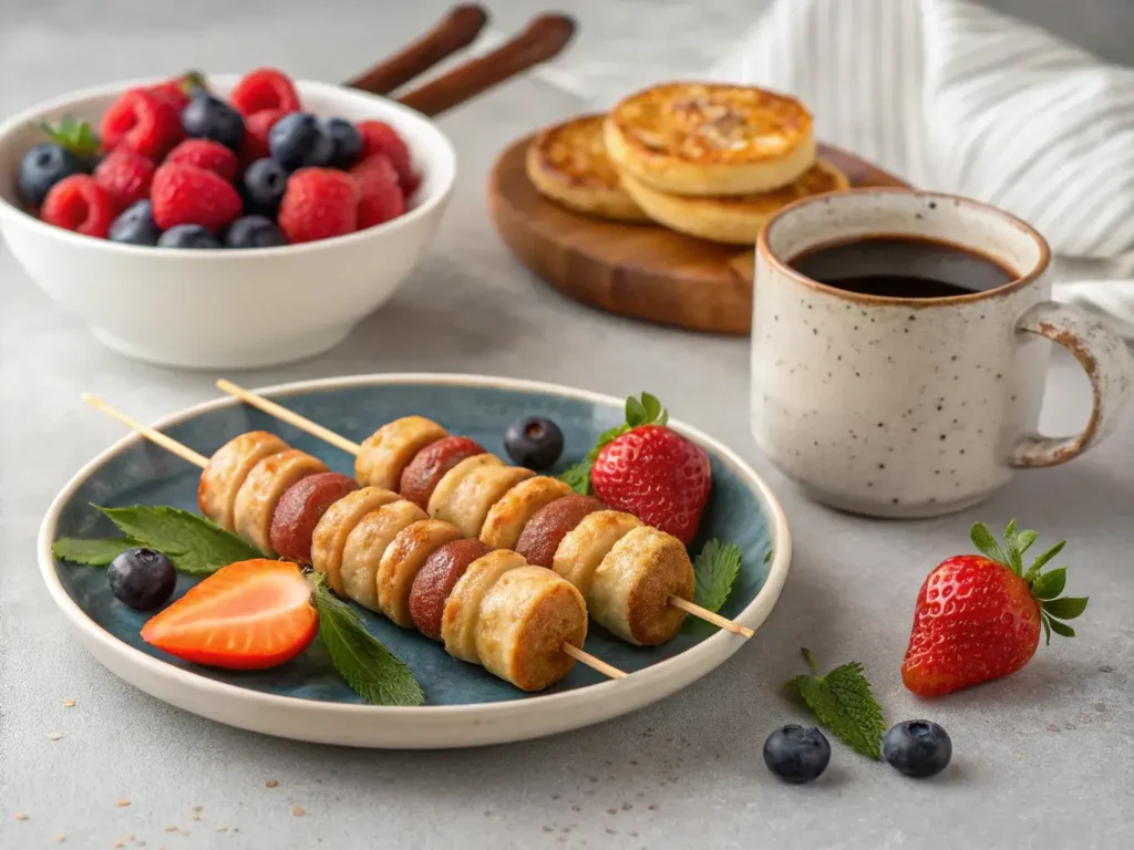 A close-up photo of a freshly made breakfast corndog
