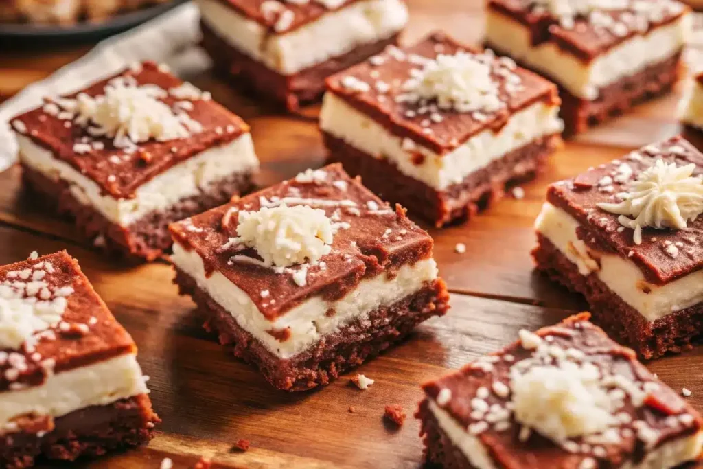 A no-bake cheesecake with cream cheese and white chocolate pudding on a white plate