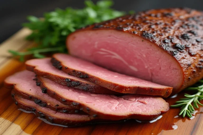 Roast beef slices served on a wooden board with vegetables