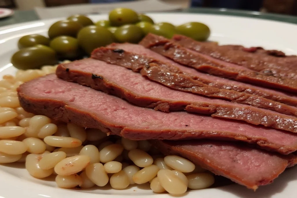 Roast beef slices served on a wooden board with vegetables