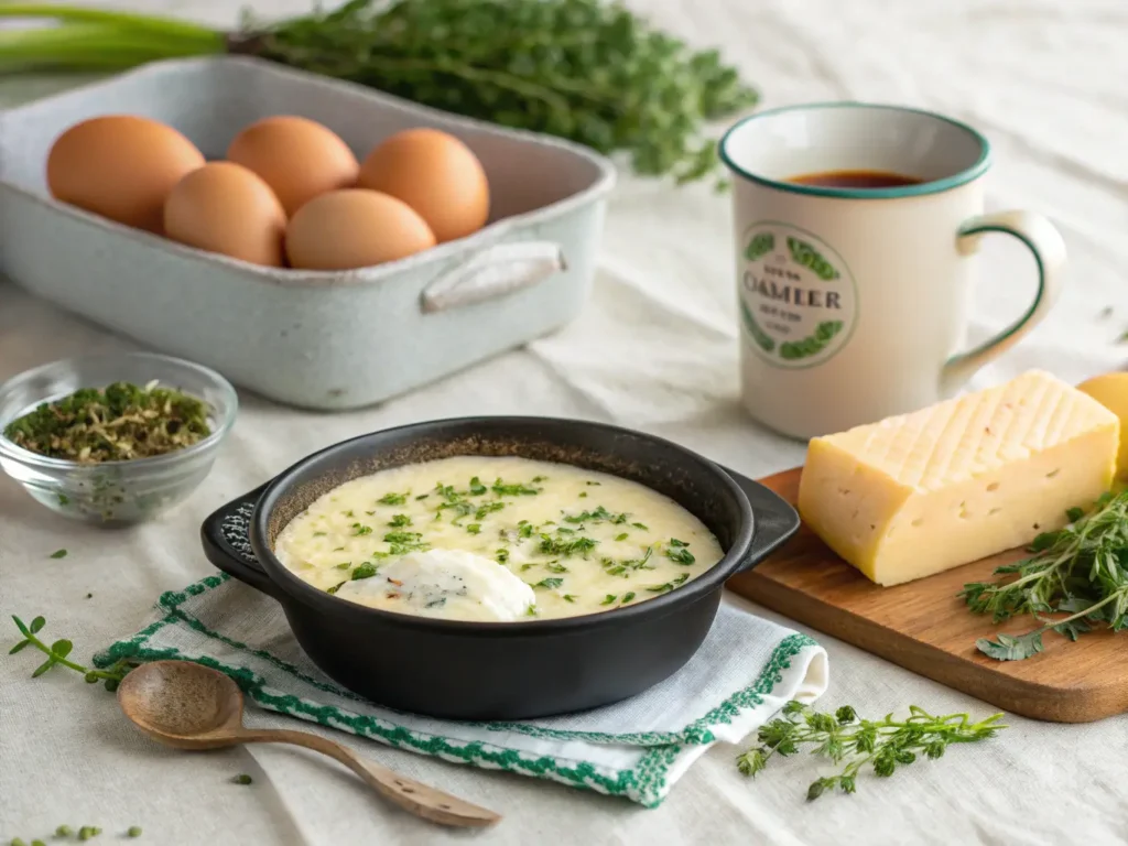 Fluffy cottage cheese scrambled eggs with chives in a black skillet, showing creamy curds and steam rising