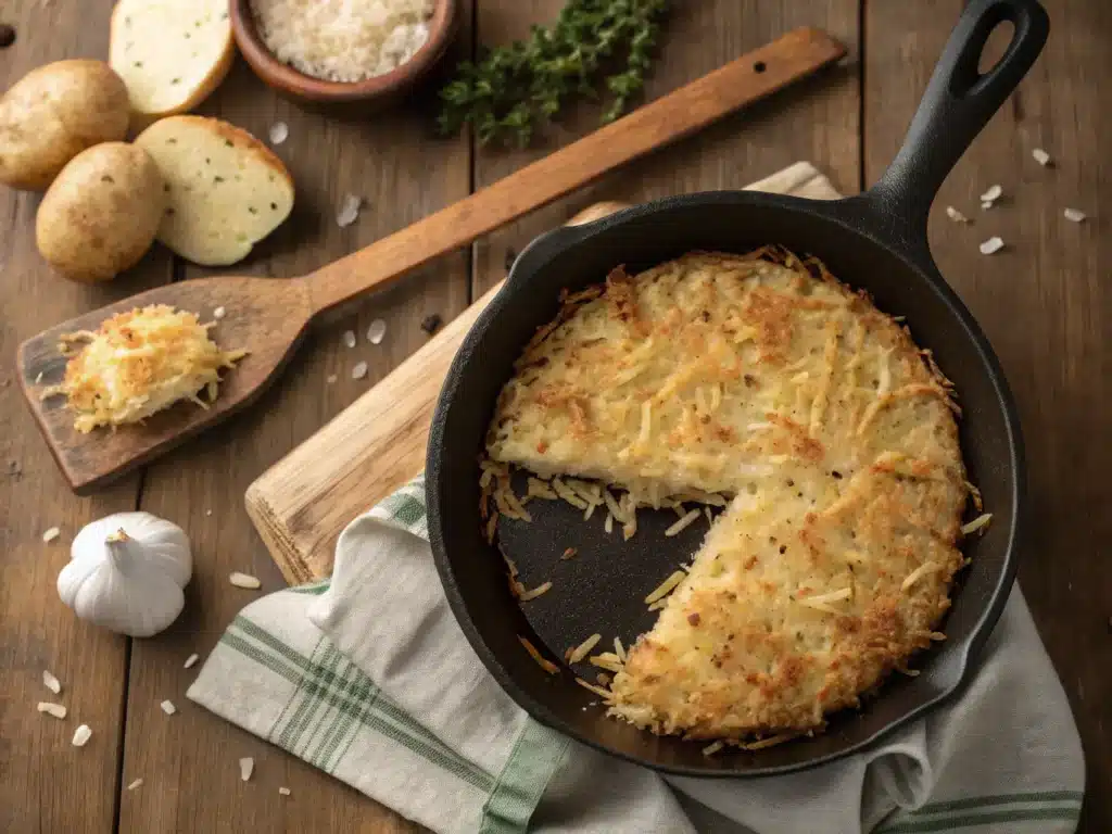"Golden crispy parmesan garlic hash browns in cast iron skillet with parsley garnish."