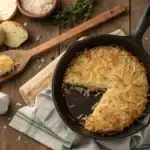 "Golden crispy parmesan garlic hash browns in cast iron skillet with parsley garnish."