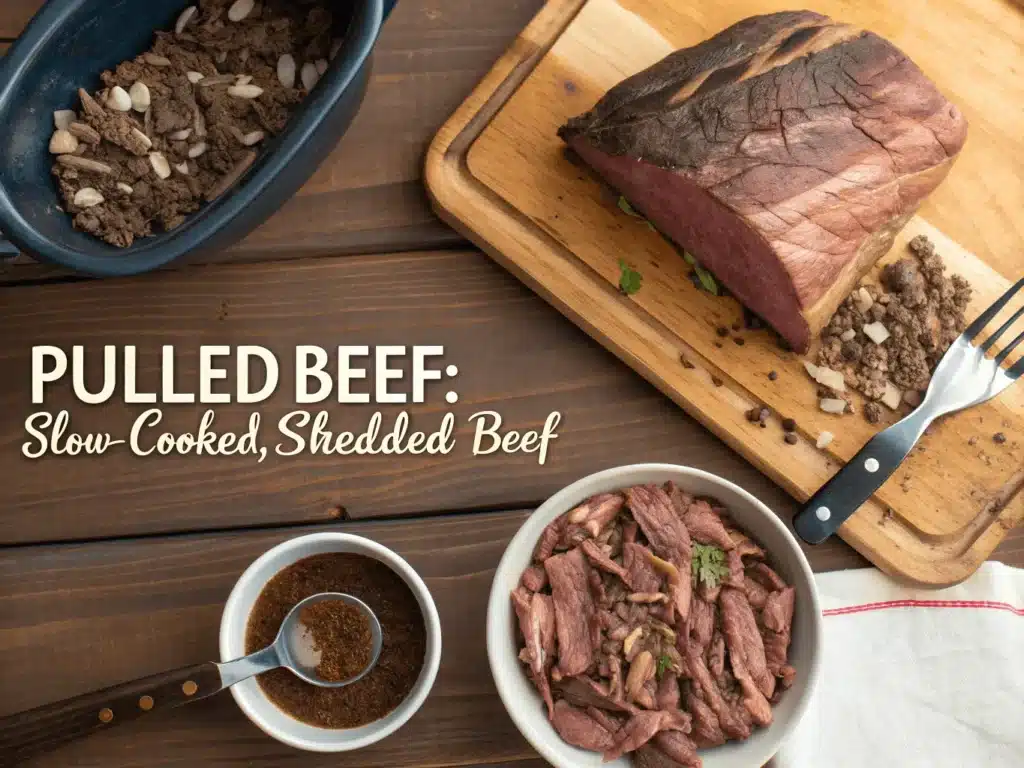 What is Pulled Beef?: A Comprehensive Guide to This Culinary Delight 9 overhead flat lay fork pulled beef shreds with v 1