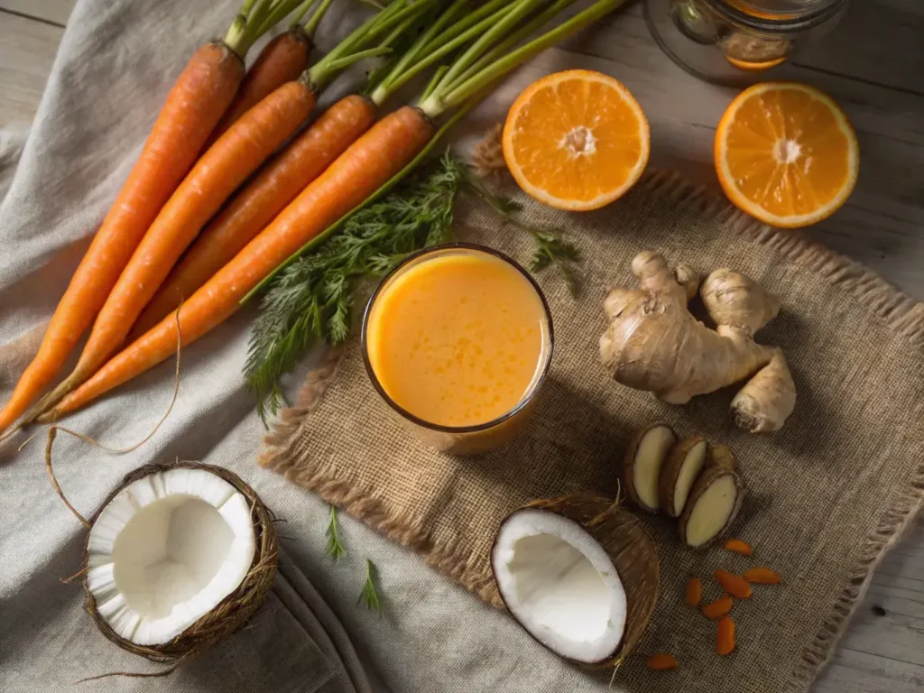 Vibrant homemade carrot juice with ginger and orange in a glass, garnished with carrot fronds, showing condensation