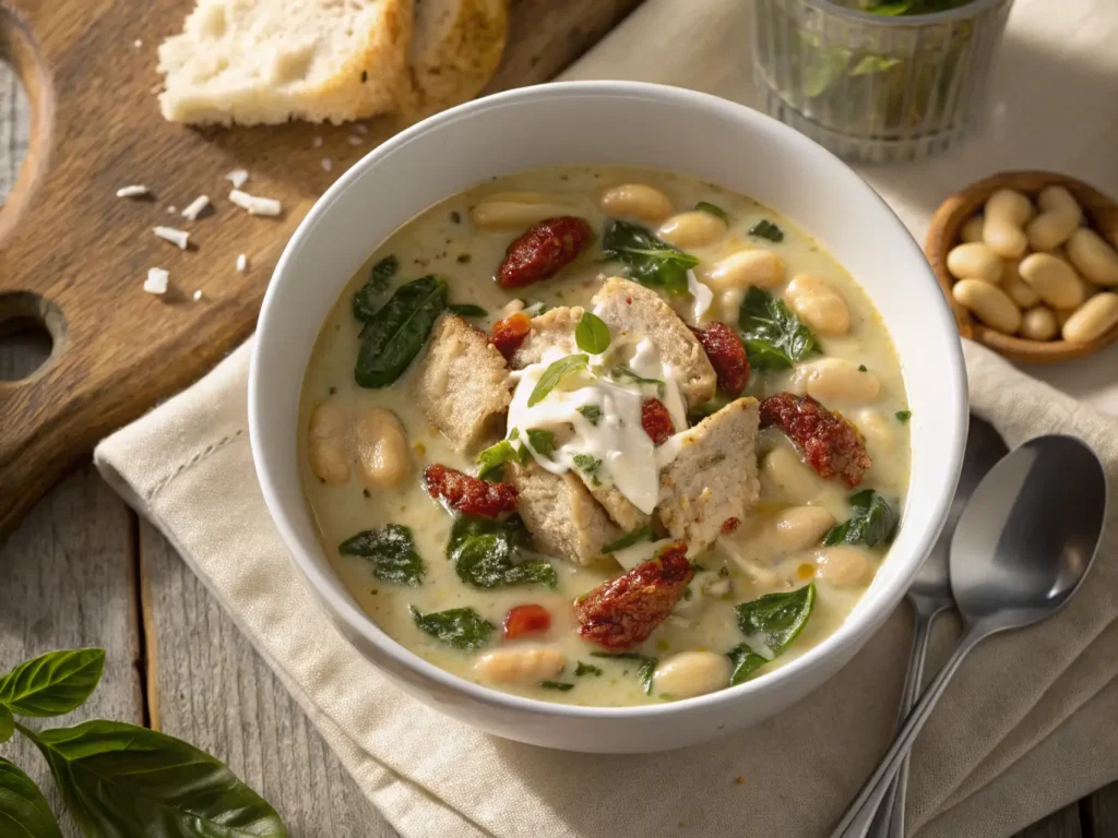 "Steaming bowl of creamy Tuscan chicken soup with kale, white beans, and sun-dried tomatoes, garnished with Parmesan and basil."