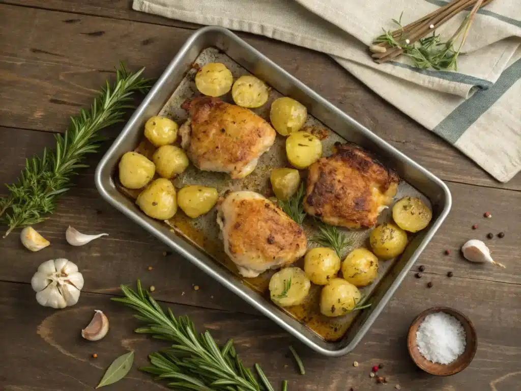 "Crispy skin-on chicken thighs coated in garlic parmesan atop golden roasted potatoes in a sheet pan."

