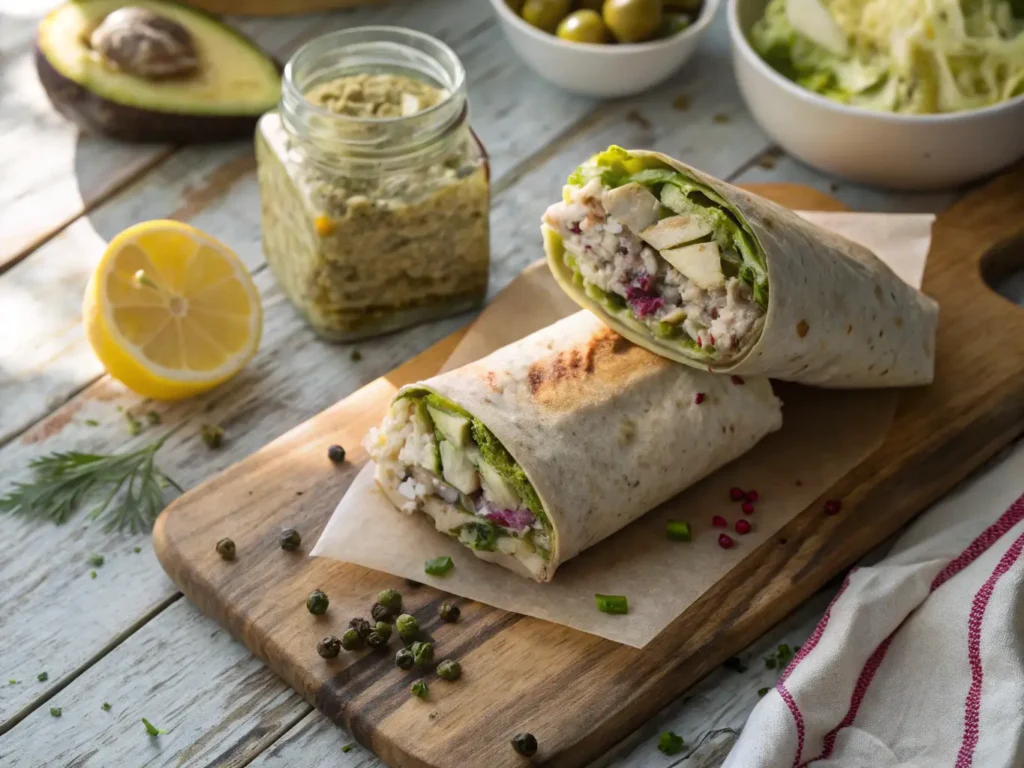 overhead pov sliced seafood wrap on rustic wood w