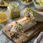 overhead pov sliced seafood wrap on rustic wood w
