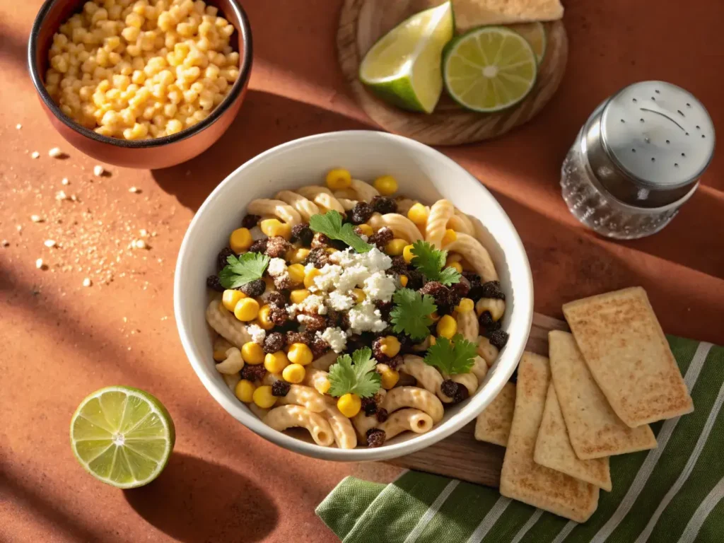 Creamy elote pasta salad with fresh corn and cotija cheese.