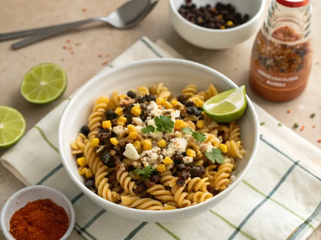 Vibrant Mexican street corn pasta salad with charred corn, black beans, and cotija cheese, topped with crispy tortilla strips and chili powder