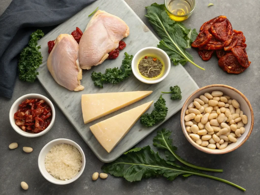 "Steaming bowl of creamy Tuscan chicken soup with kale, white beans, and sun-dried tomatoes, garnished with Parmesan and basil."
