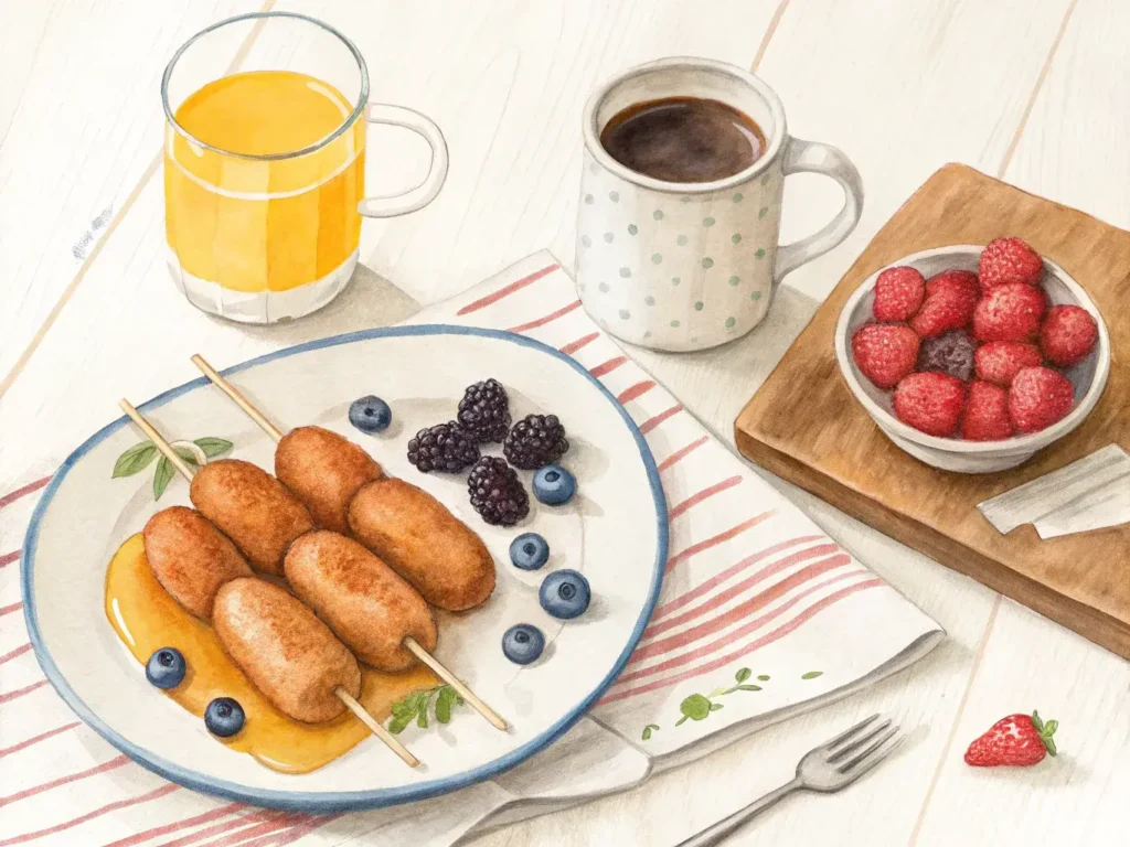 A close-up photo of a freshly made breakfast corndog