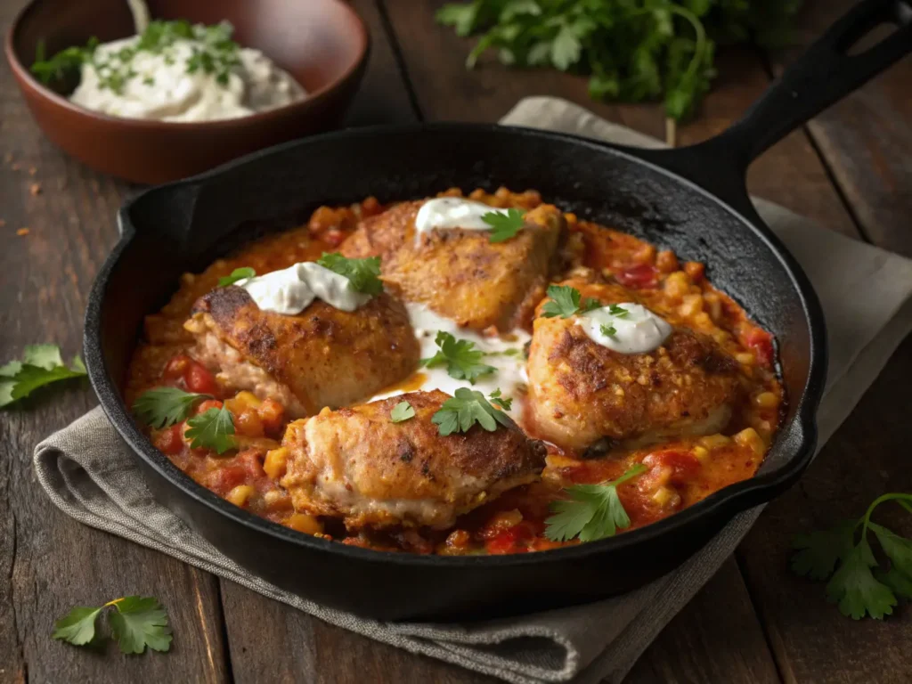 overhead-view--cast-iron-skillet-with-4-crispy-chi
