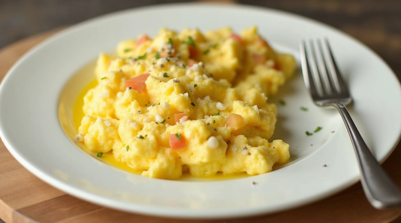 Creamy cottage cheese eggs on a white plate, ready to be served.