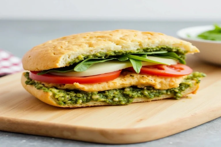 Pesto chicken sandwich with melted cheese and fresh vegetables on ciabatta bread