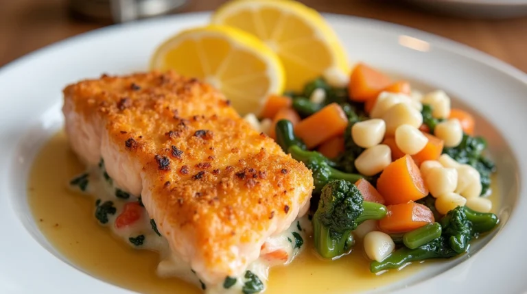 A close up photo of salmon fillets and a delicious casserole.