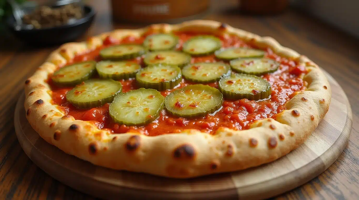 Delicious homemade pickle pie pizza ready to eat.