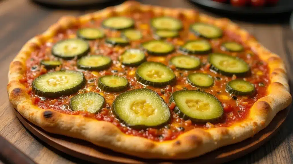 Delicious homemade pickle pie pizza ready to eat.