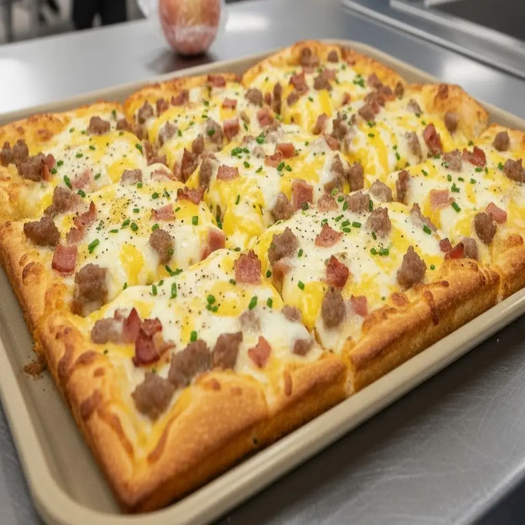 Delicious breakfast pizza for schools with scrambled eggs, cheese, and vegetables