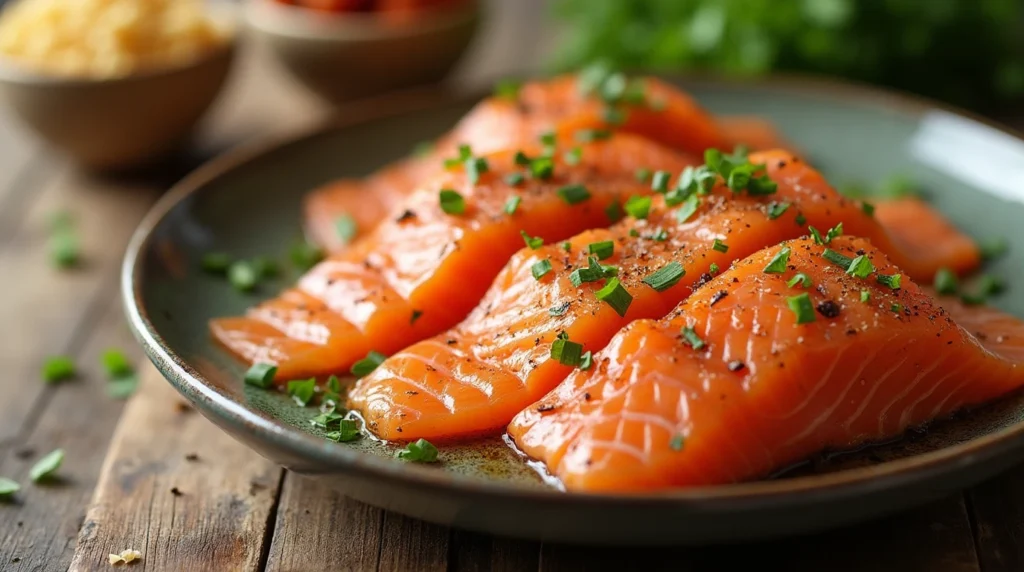 Salmon fillets brining in a glass dish for a smoked salmon recipe