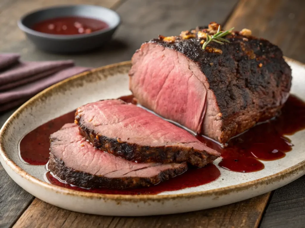 Reverse-seared bottom round roast with dark crust, sliced paper-thin against the grain, drizzled with red wine pan gravy