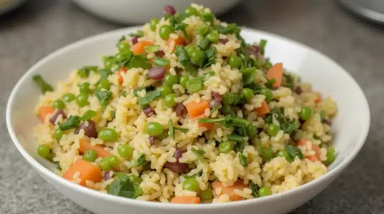 A close-up of a plate of cooked rice prepared using the rice hack recipe.