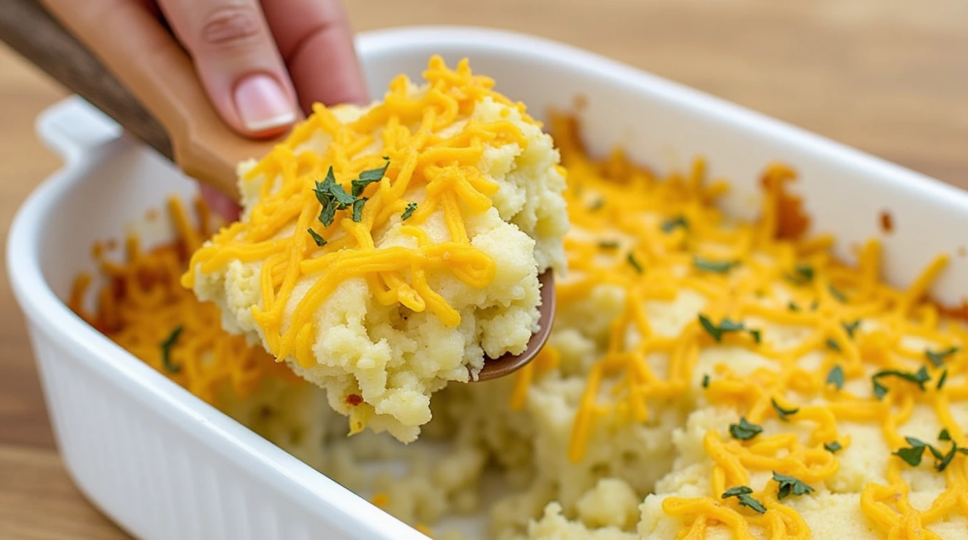 A close-up photo of a Paula Deen sweet potato casserole.