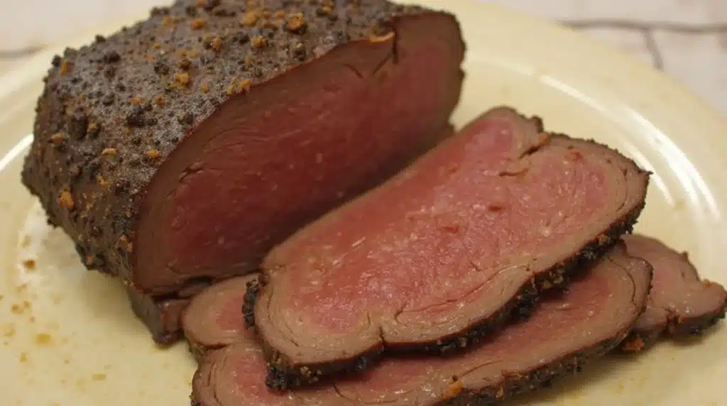 A flavorful beef bottom round roast ready for slicing.