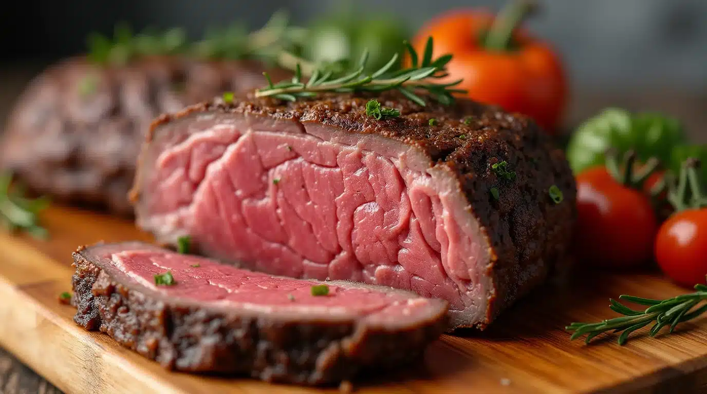 A flavorful beef bottom round roast ready for slicing.