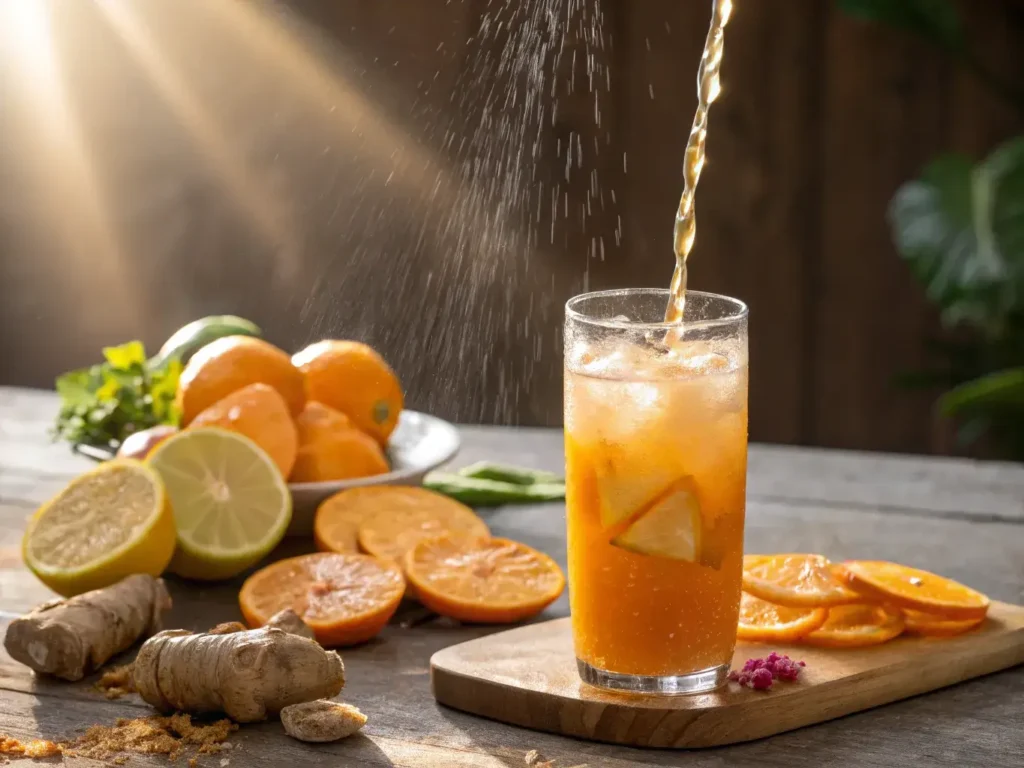 Vibrant homemade carrot juice with ginger and orange in a glass, garnished with carrot fronds, showing condensation