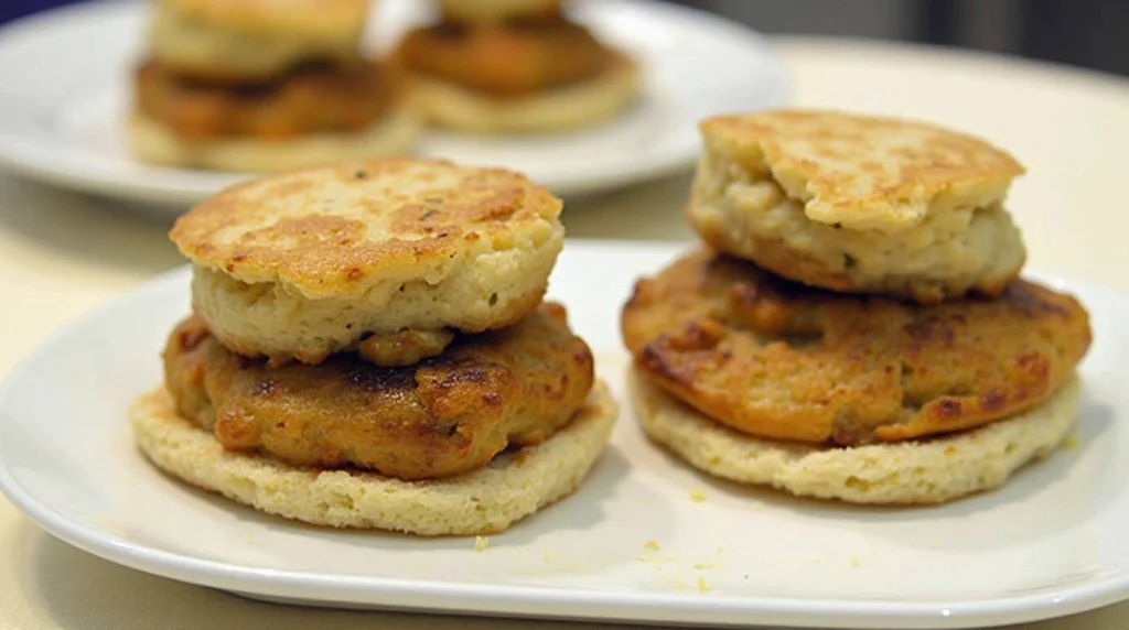 Top-down view of recipe crumpets with caviar, arranged beautifully on a plate.