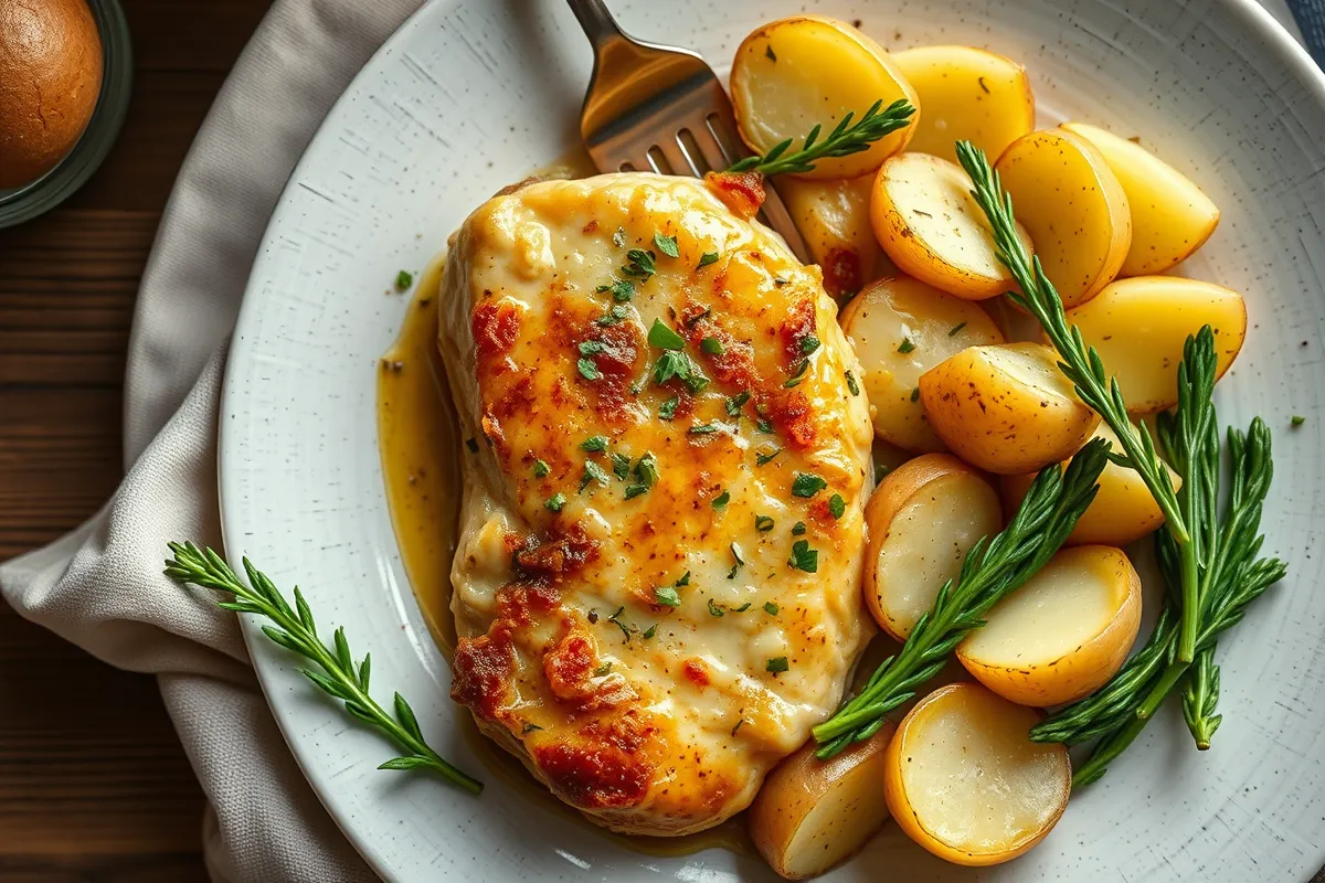 Delicious garlic parmesan chicken and potatoes baked to perfection.