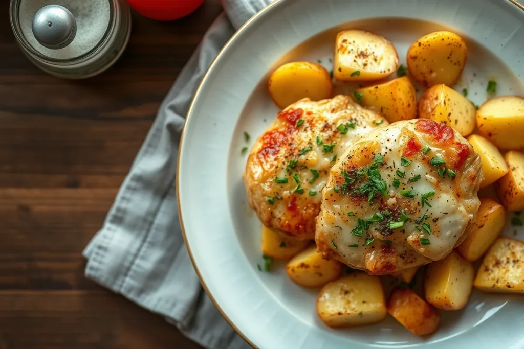 Delicious garlic parmesan chicken and potatoes baked to perfection.