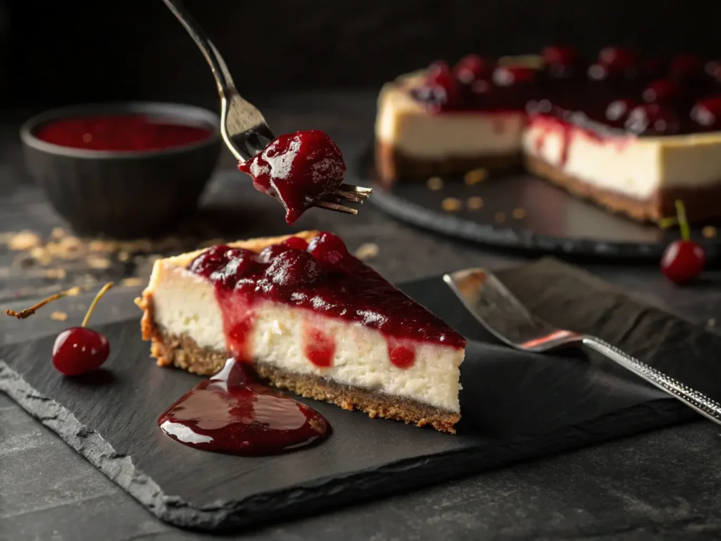 No-bake cherry cheesecake with glossy cherry topping and graham cracker crust on cake stand, showing a clean-cut slice with white chocolate layer